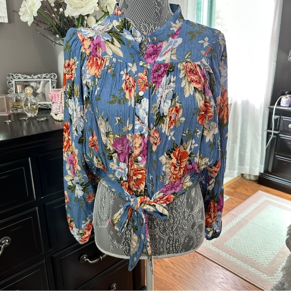 RACHEL Rachel Roy Floral Blouse - Blue and Multicolor Tie Blouse Size L - Picture 5 of 15